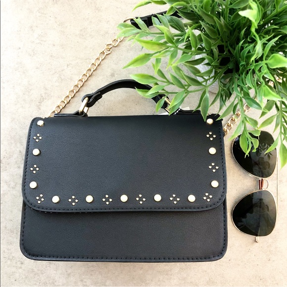 Boutique Handbags - Black Crossbody with Pearls and Gold Studs
